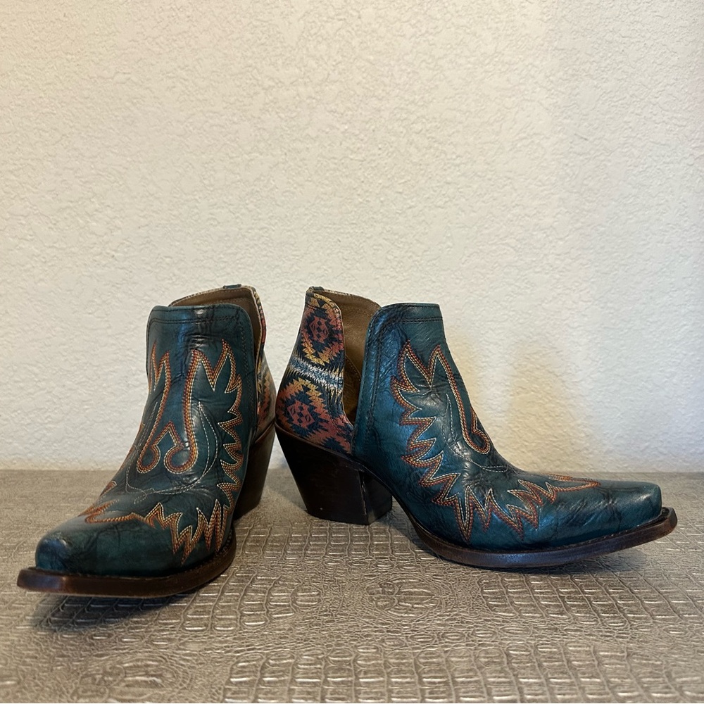 Turquoise Leather Western Ankle Boots